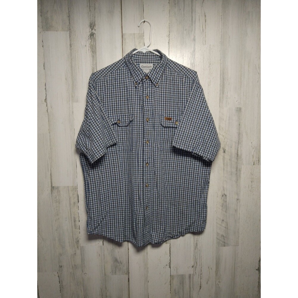 Carhartt Mens Button Up Shirt Large Blue Plaid Work Wear Pocket Short Sleeve